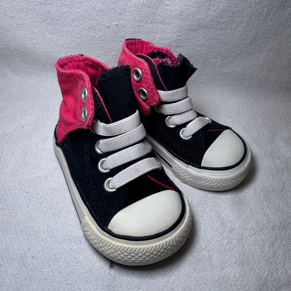 Converse Chuck Taylor All Star Infants 3 Black Pink Fold Down High Top 732496F - Picture 3 of 8